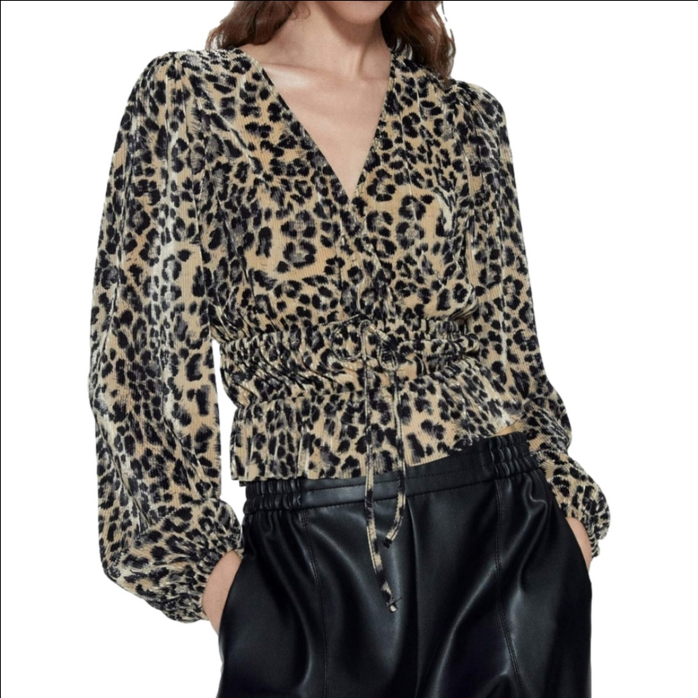 ZARA Pleated Leopard Print V-neck Wrap Crop Top Long Sleeve Blouse, Size S